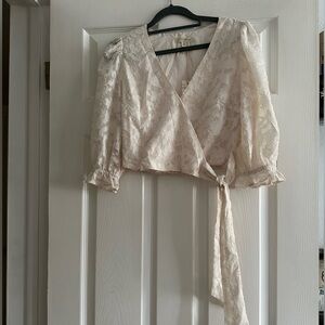 Cream v-neck lace blouse with front tie